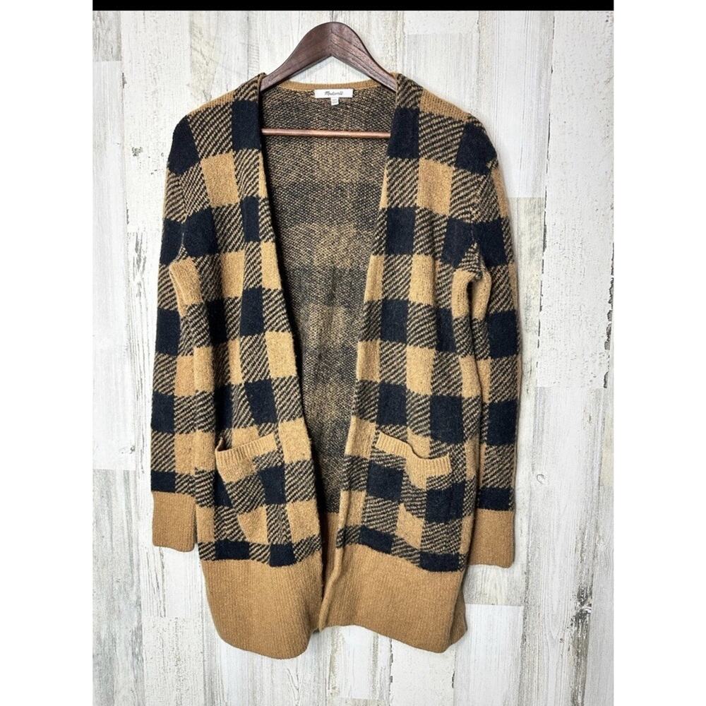 Madewell Buffalo Check Kent Cardigan Long Gold‎ Bk Sweater XS ￼Merino Wool Apaca